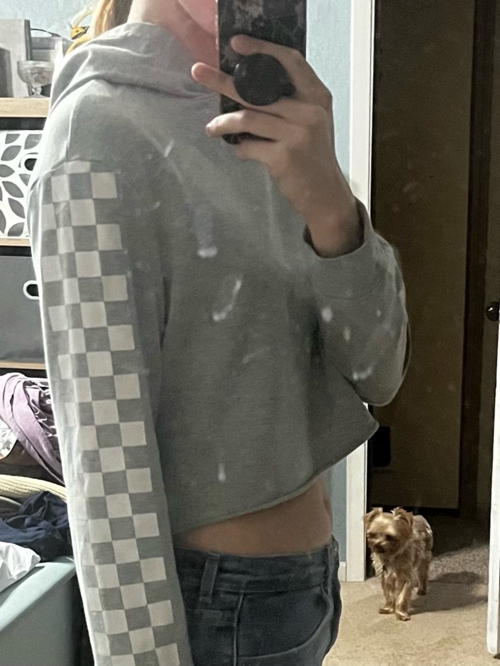 Cropped Gray Hoodie with White Checker Sleeve Detail